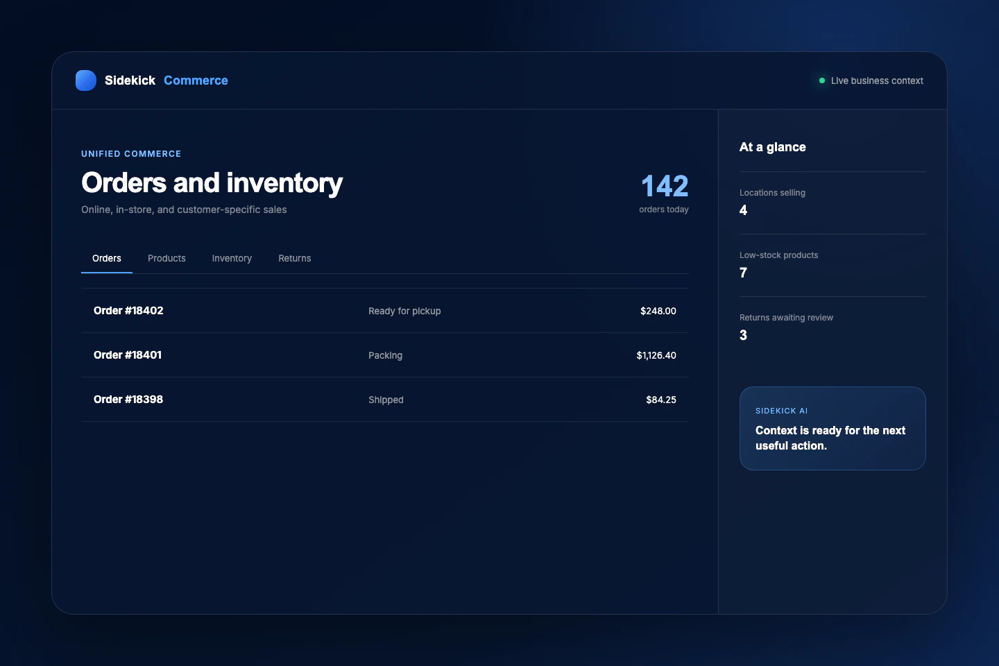 Sidekick Commerce product, order, inventory, and POS workspace