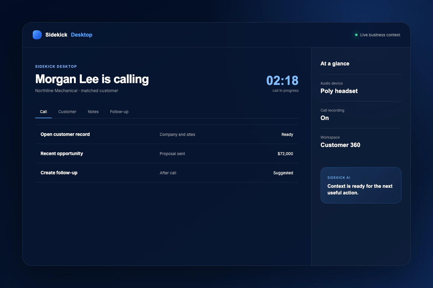 Sidekick Desktop call and notification companion beside the connected workspace